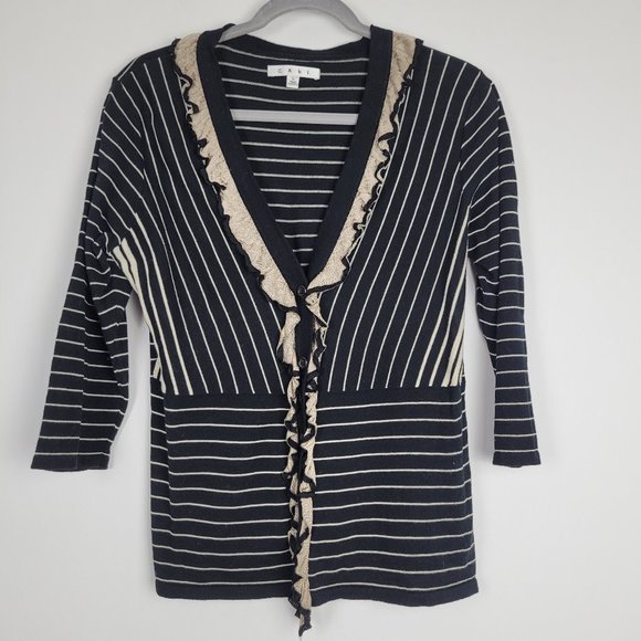 CAbi #276 The Flirt Black Beige Stripe Ruffle Cardigan Sweater - Picture 3 of 7